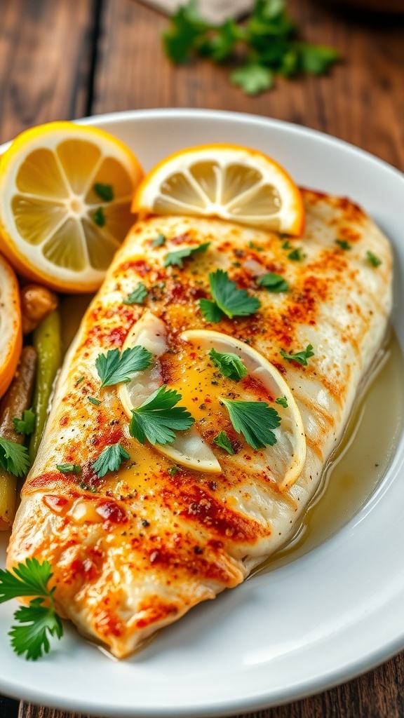 Pan-seared tilapia fillet garnished with parsley and lemon on a white plate with vegetables.